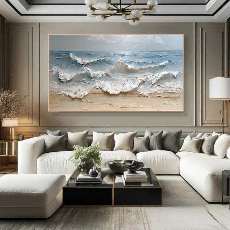 3D Seascape Oil Painting – Textured Ocean Wave Wall Art for Interiors