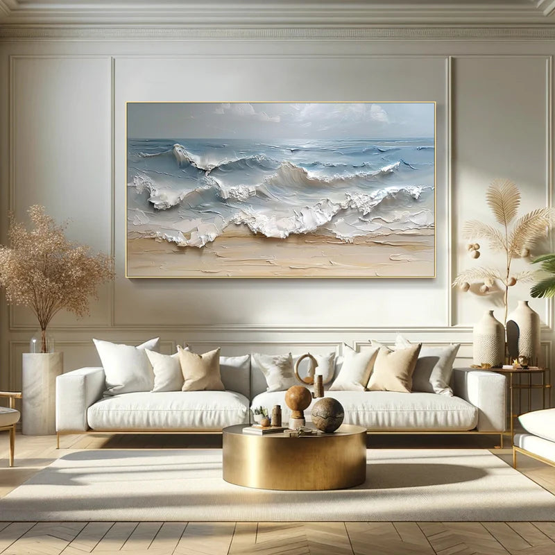 3D Seascape Oil Painting – Textured Ocean Wave Wall Art for Interiors