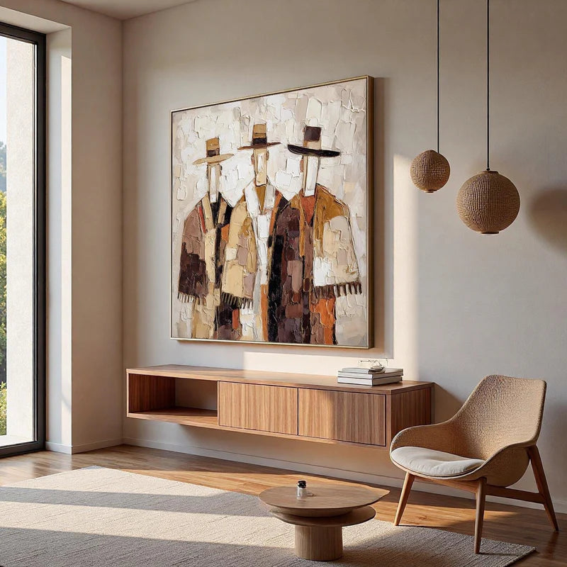 Trio of wanderers textured abstract figures neutral tones oil painting