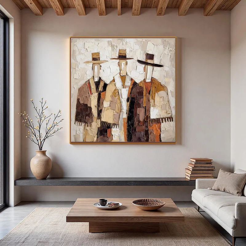 Trio of wanderers textured abstract figures neutral tones oil painting