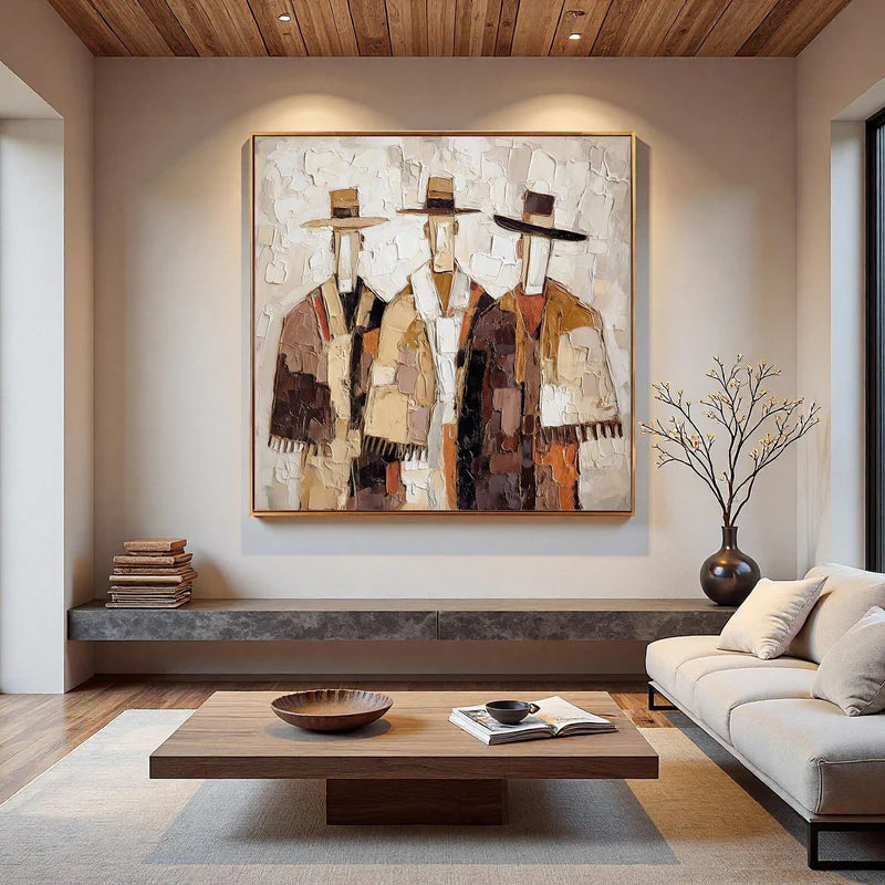 Trio of wanderers textured abstract figures neutral tones oil painting