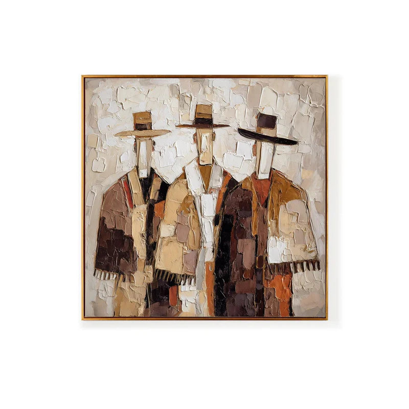 Trio of wanderers textured abstract figures neutral tones oil painting
