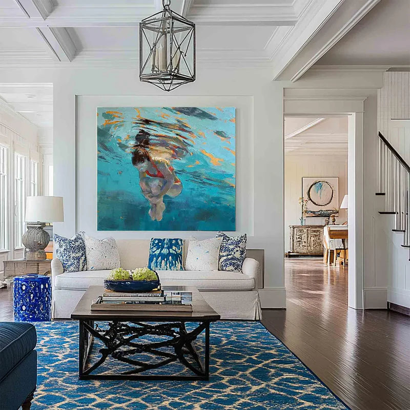 Underwater Drift-Hand drawn Swimmer Character Square Wall Art