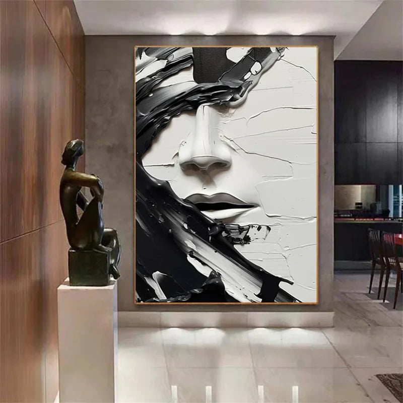 veiled  echo  textured  black  and  white  abstract  female  portrait  oil  painting