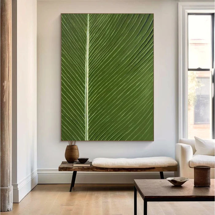 Verdant Veins - Minimalist Textured Leaf Abstract Oil Painting