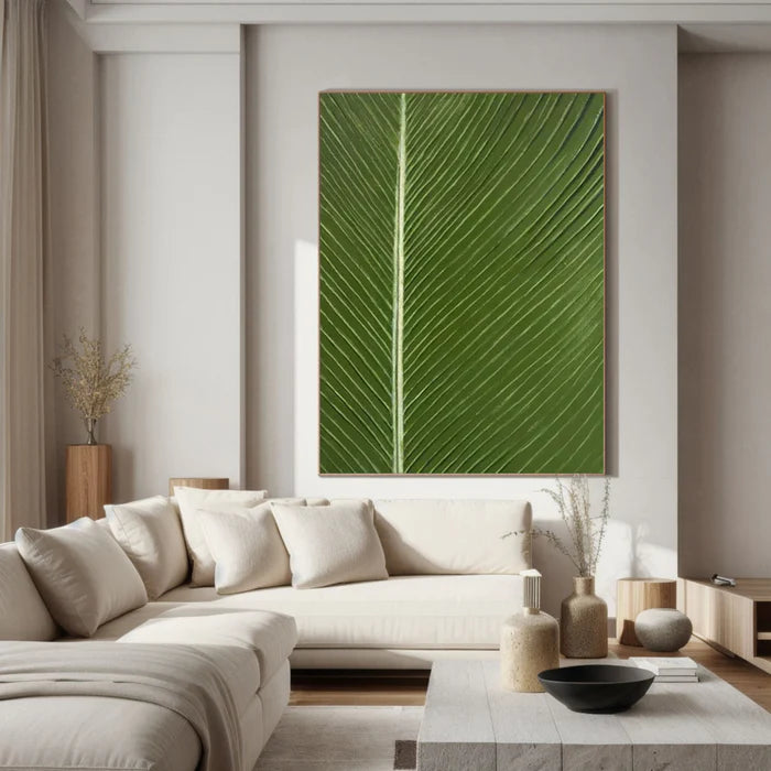 Verdant Veins - Minimalist Textured Leaf Abstract Oil Painting