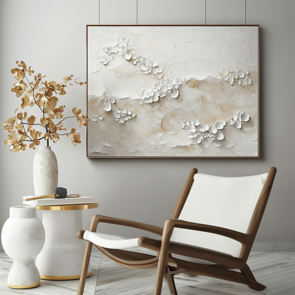 3D flower abstract painting with white textured petals on neutral background