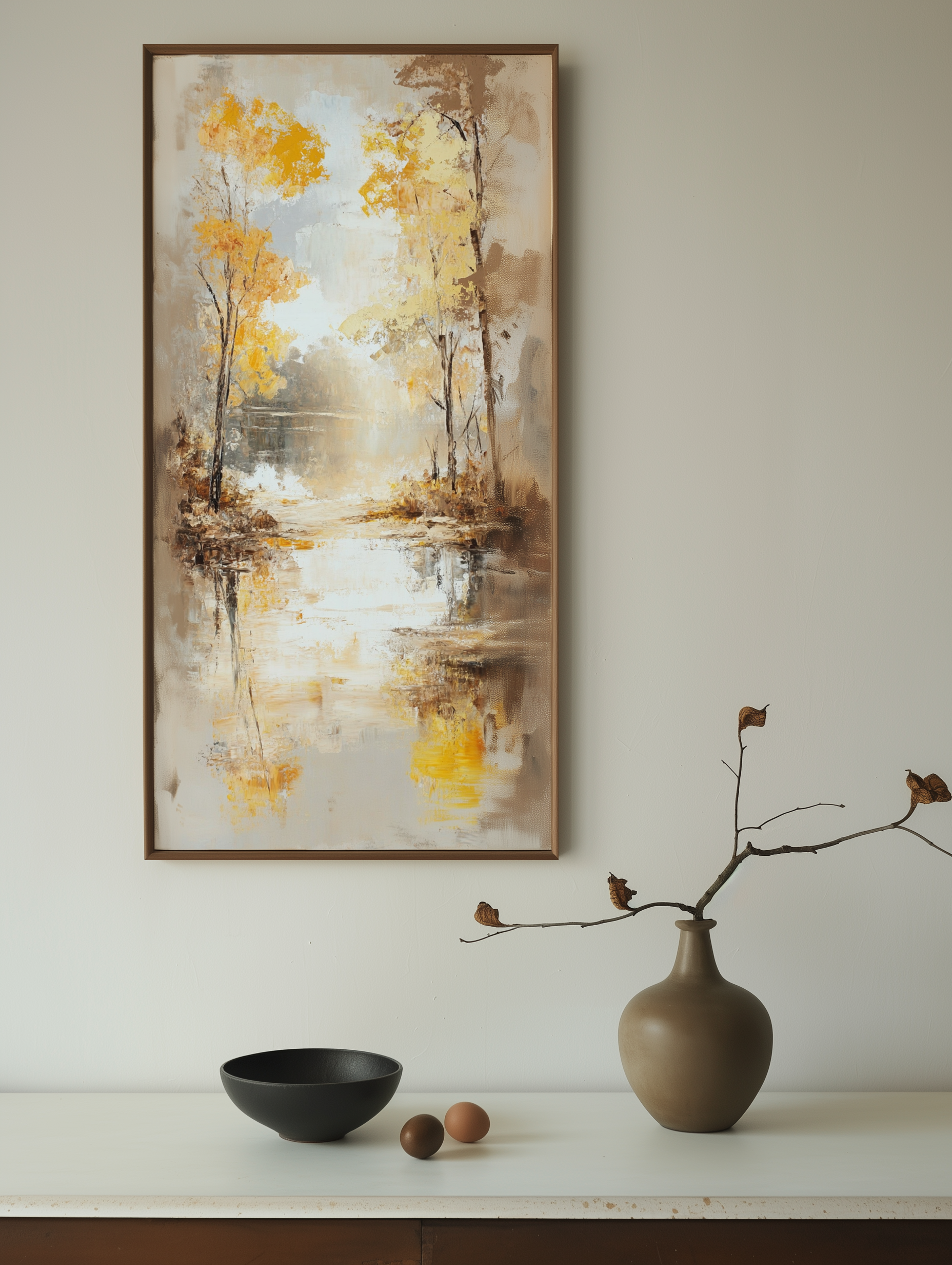 Autumn Reflection - Vertical Textured Landscape Oil Painting