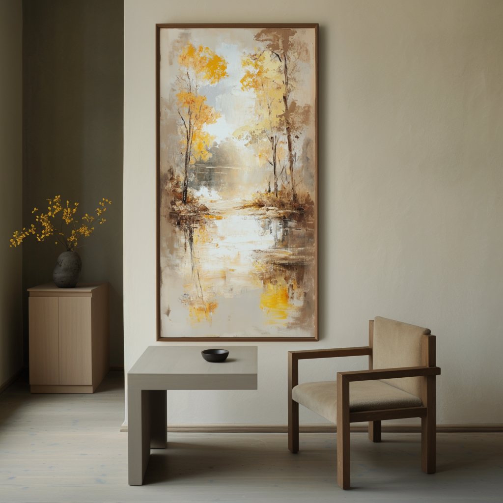 Autumn Reflection - Vertical Textured Landscape Oil Painting