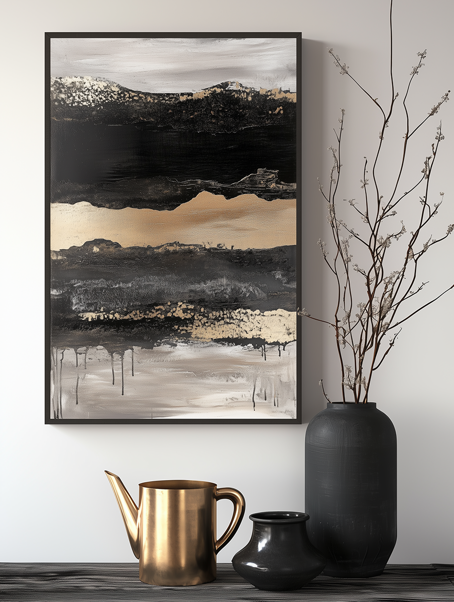 Ebon Drift - Vertical Abstract Textured Landscape Painting
