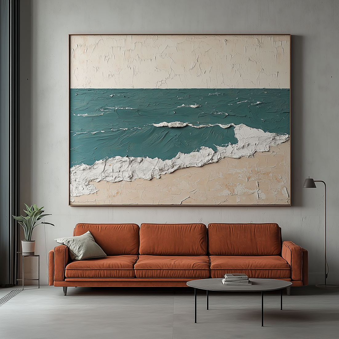 Seascape textured painting with teal ocean waves, sandy beach, and white foam