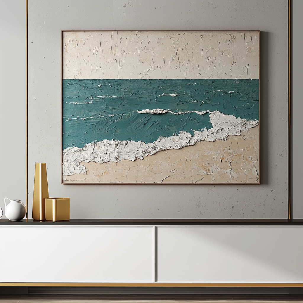 Seascape textured painting with teal ocean waves, sandy beach, and white foam