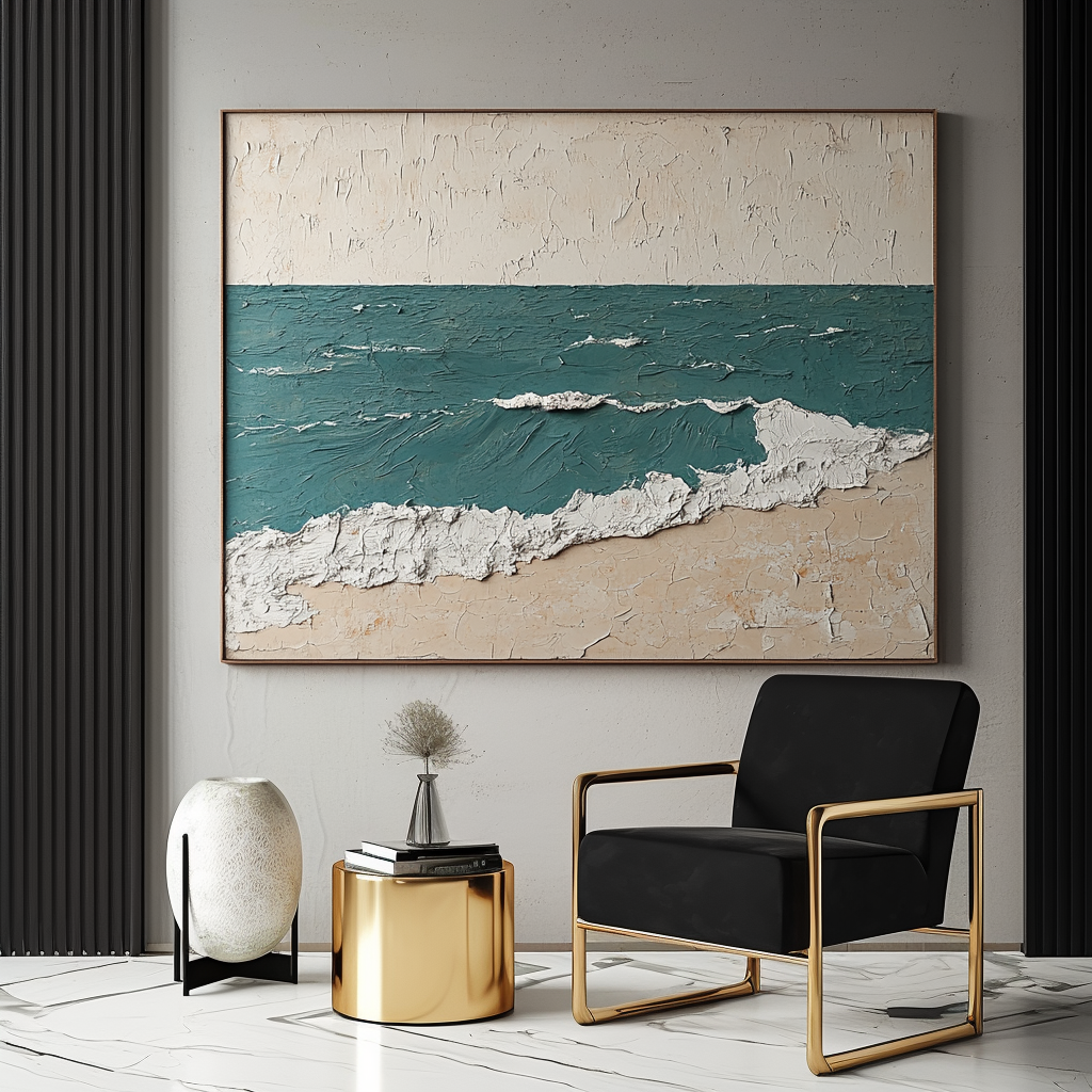 Seascape textured painting with teal ocean waves, sandy beach, and white foam
