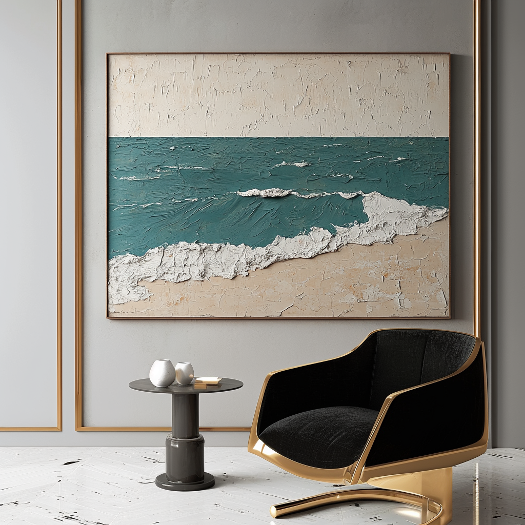 Seascape textured painting with teal ocean waves, sandy beach, and white foam