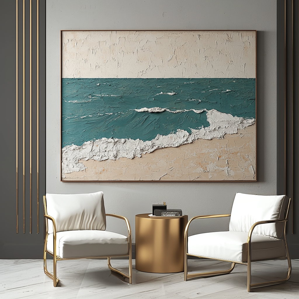 Seascape textured painting with teal ocean waves, sandy beach, and white foam