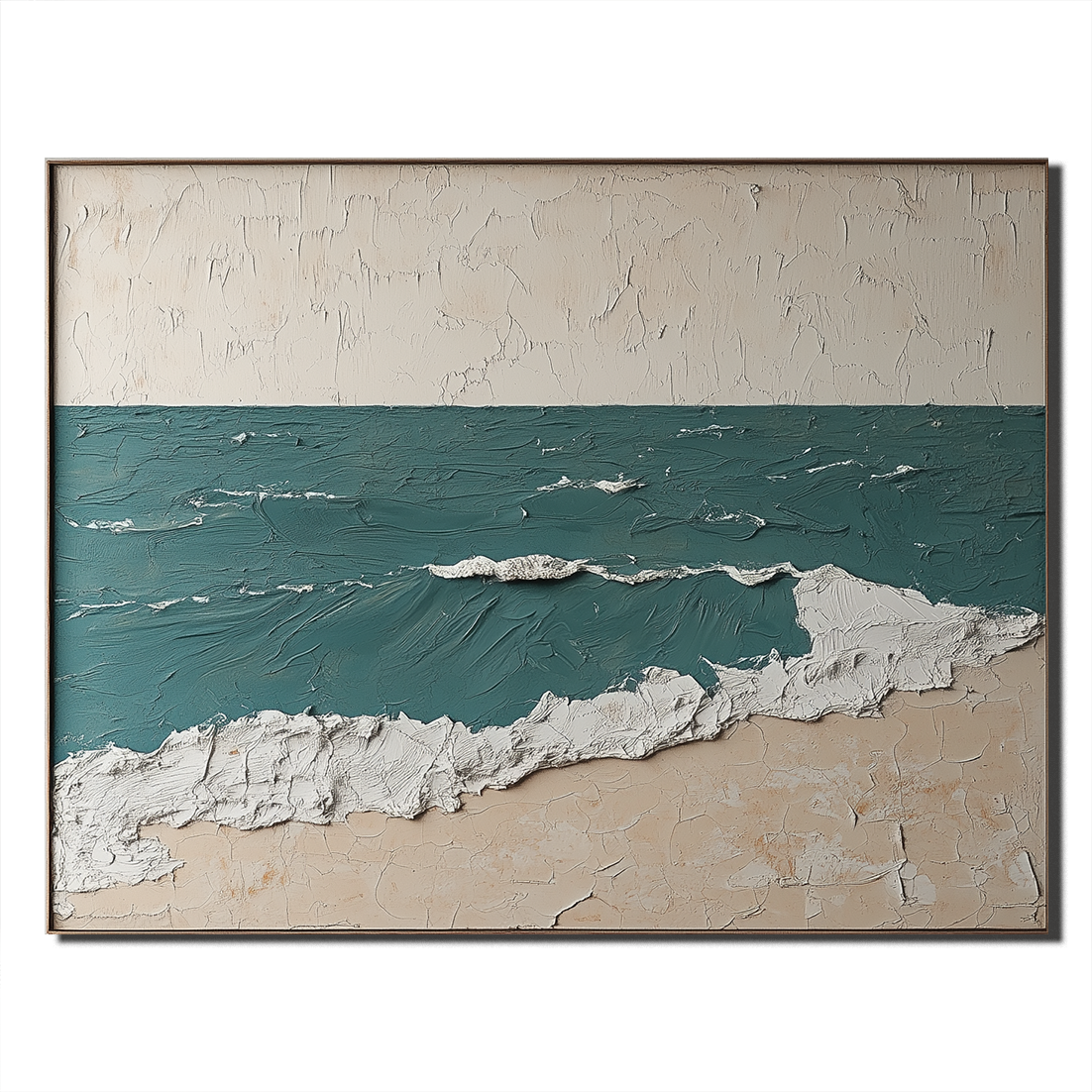 Seascape textured painting with teal ocean waves, sandy beach, and white foam