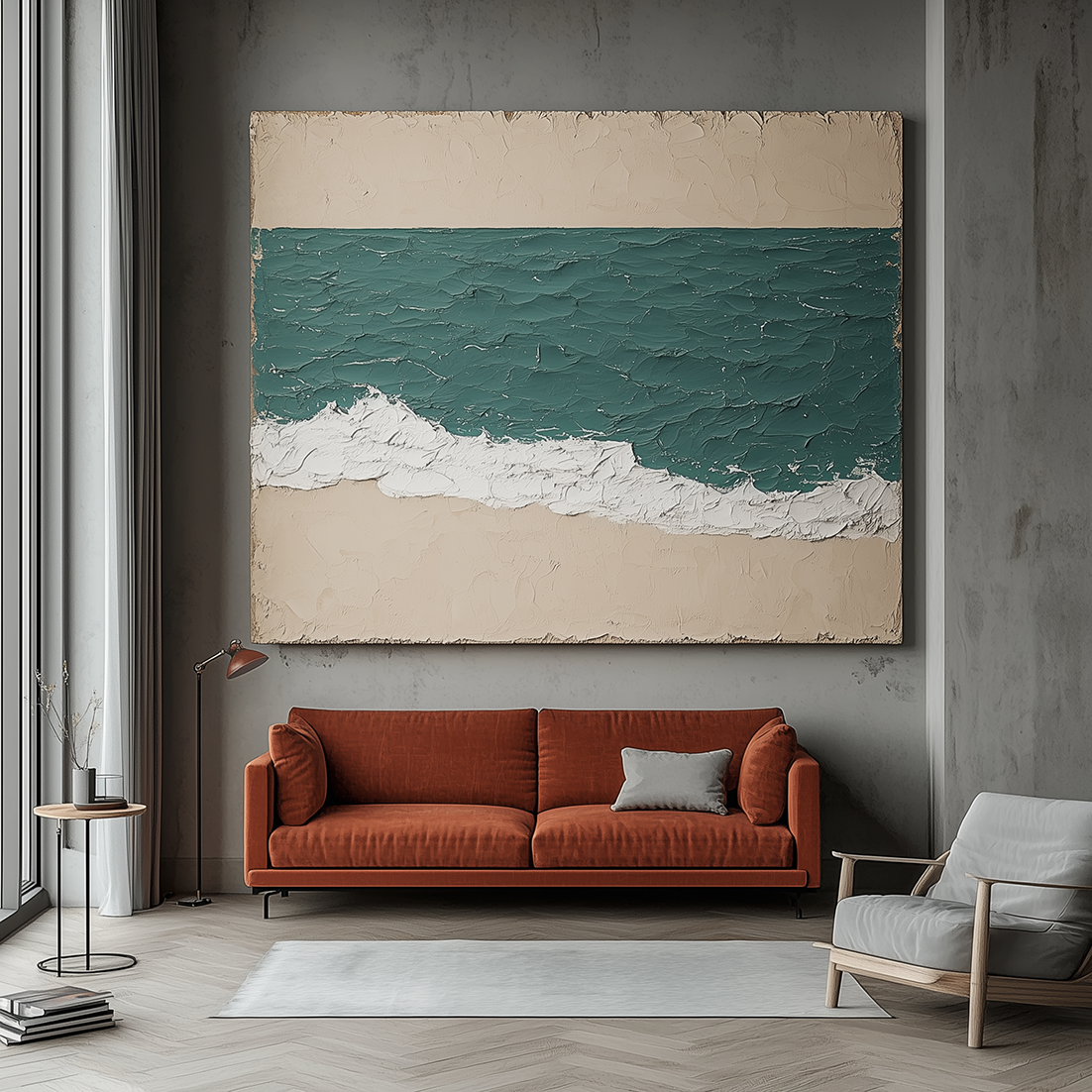 Ocean wall art with textured teal waves, sandy beach, and white foamy shore