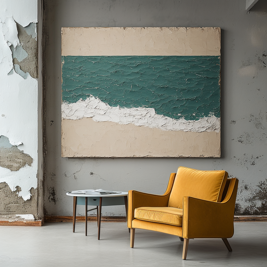 Ocean wall art with textured teal waves, sandy beach, and white foamy shore