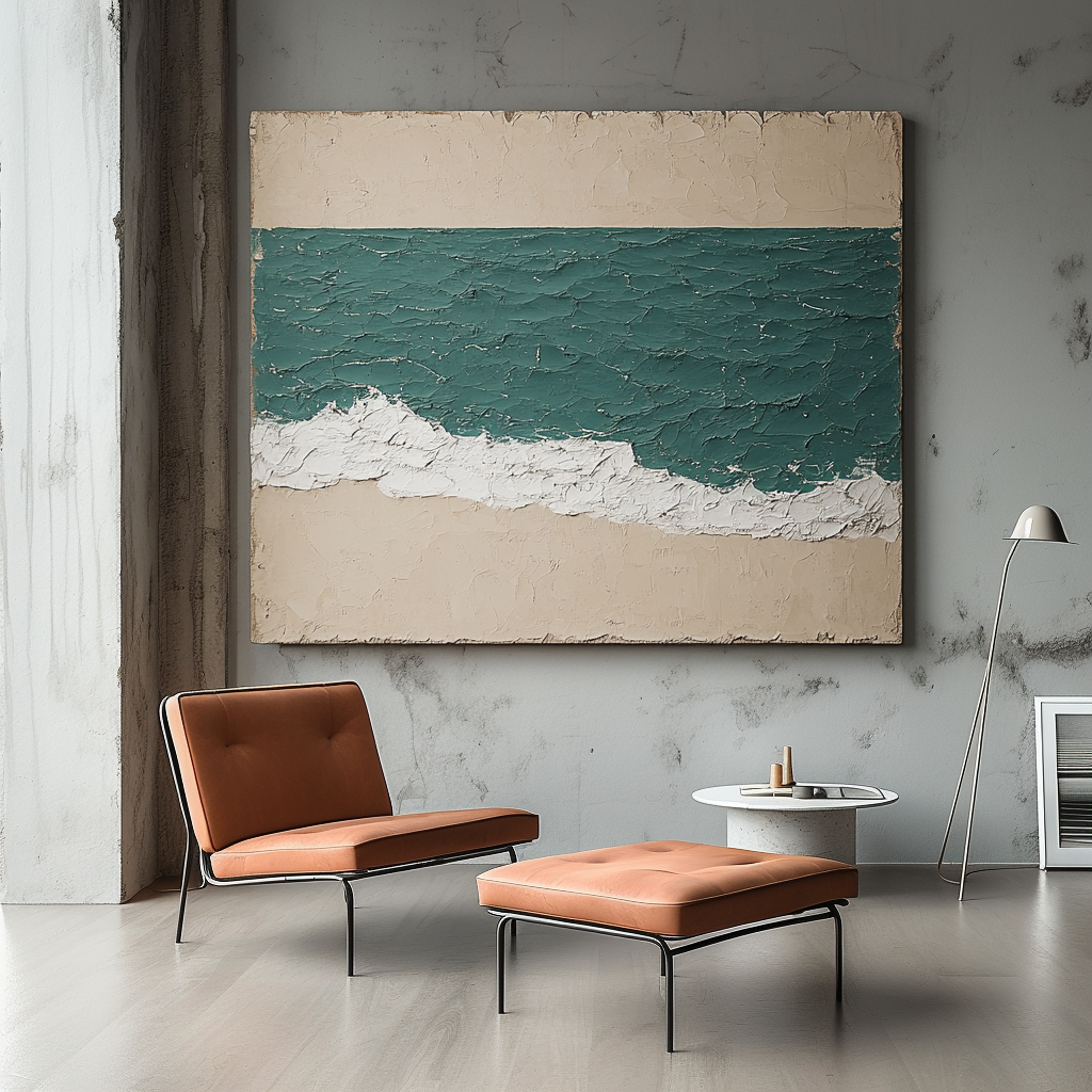 Ocean wall art with textured teal waves, sandy beach, and white foamy shore