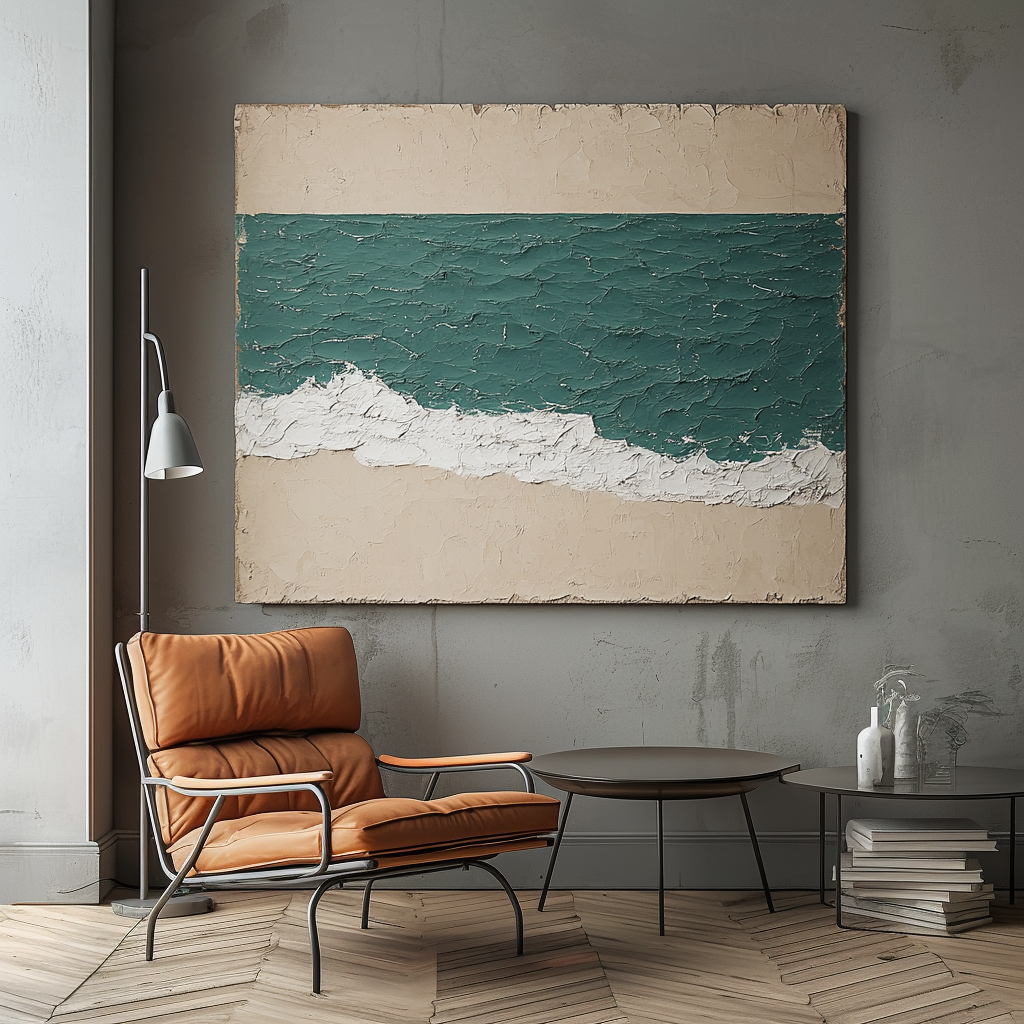 Ocean wall art with textured teal waves, sandy beach, and white foamy shore