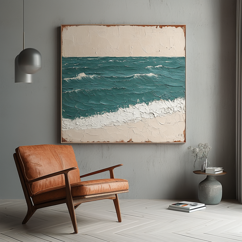 Coastal wall décor with textured teal ocean waves and sandy beige beach