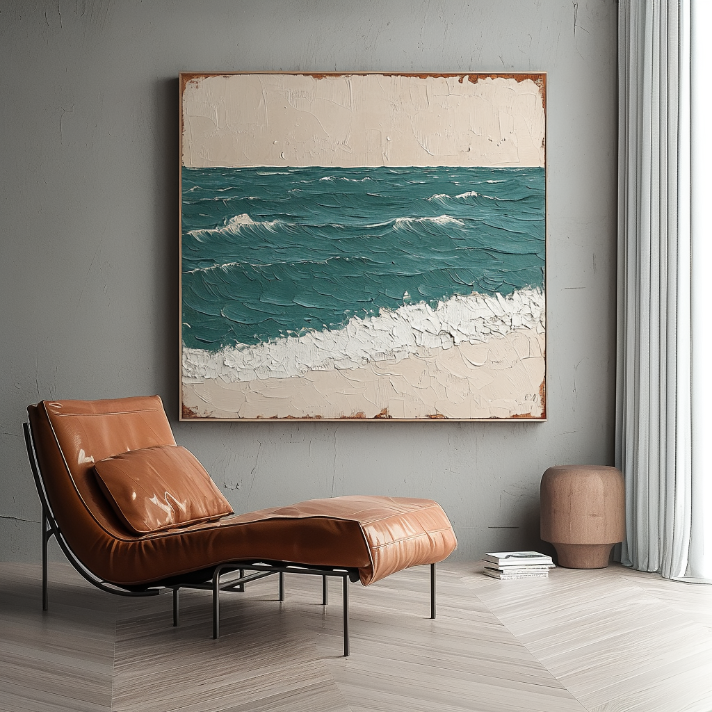 Coastal wall décor with textured teal ocean waves and sandy beige beach