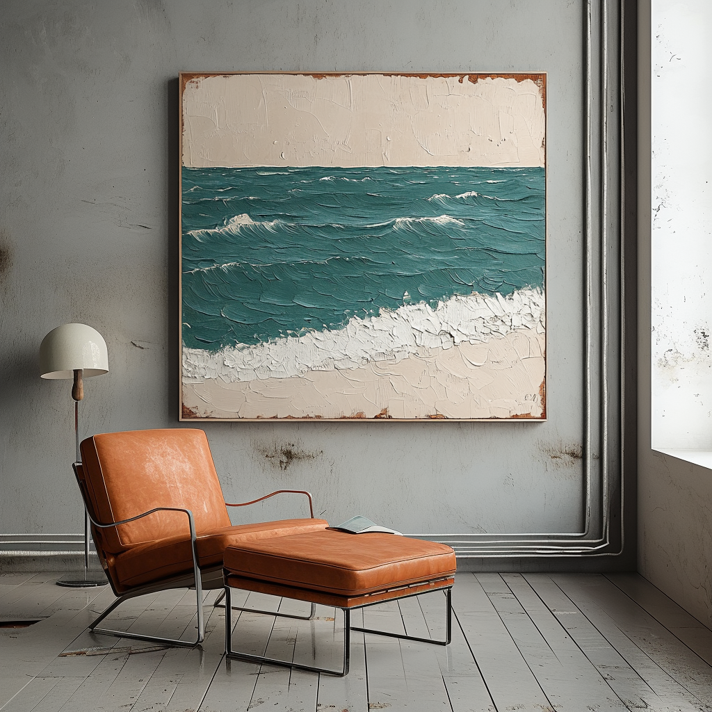 Coastal wall décor with textured teal ocean waves and sandy beige beach