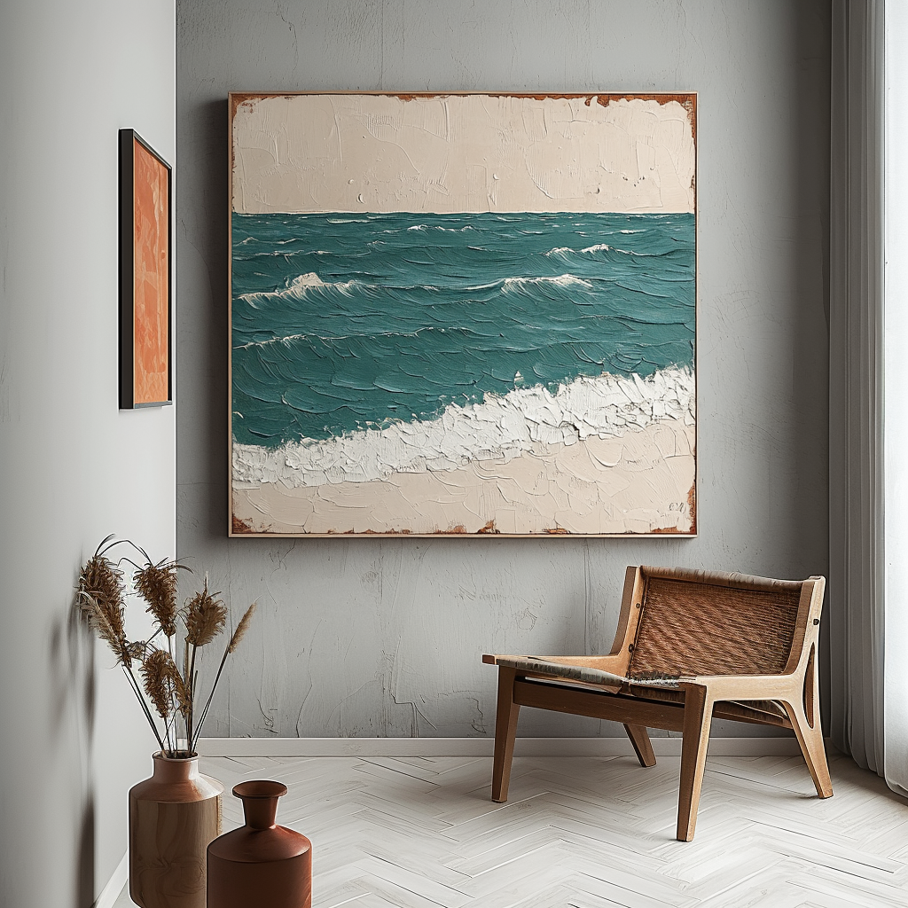 Coastal wall décor with textured teal ocean waves and sandy beige beach