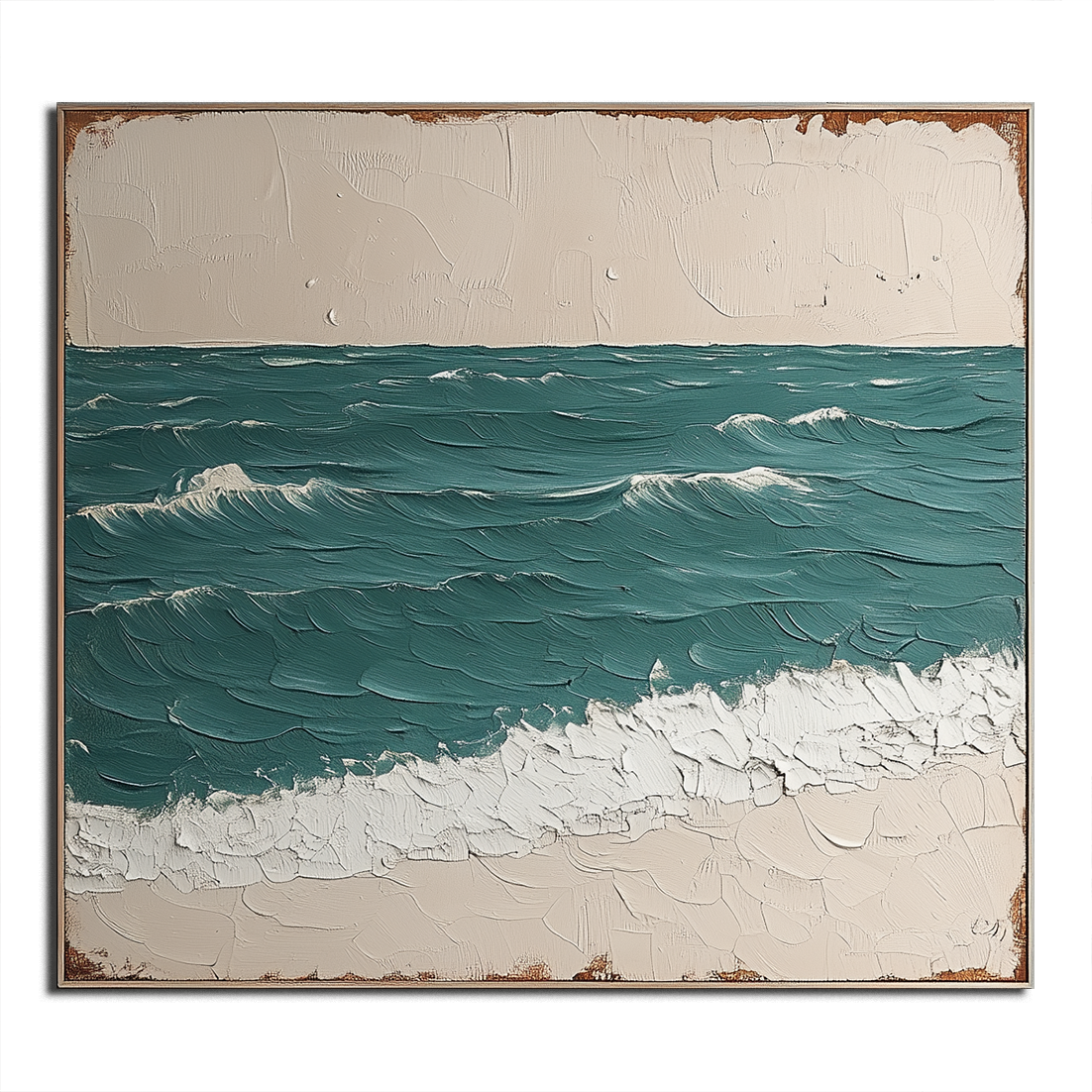 Coastal wall décor with textured teal ocean waves and sandy beige beach