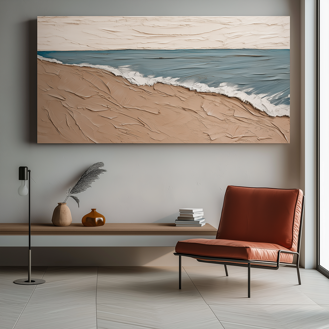 Abstract ocean painting with textured waves on sandy beach