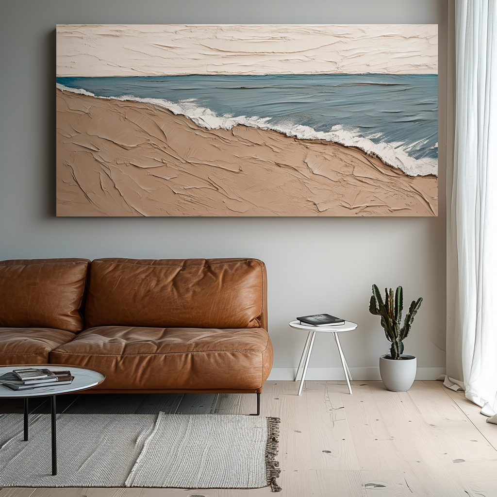Abstract ocean painting with textured waves on sandy beach