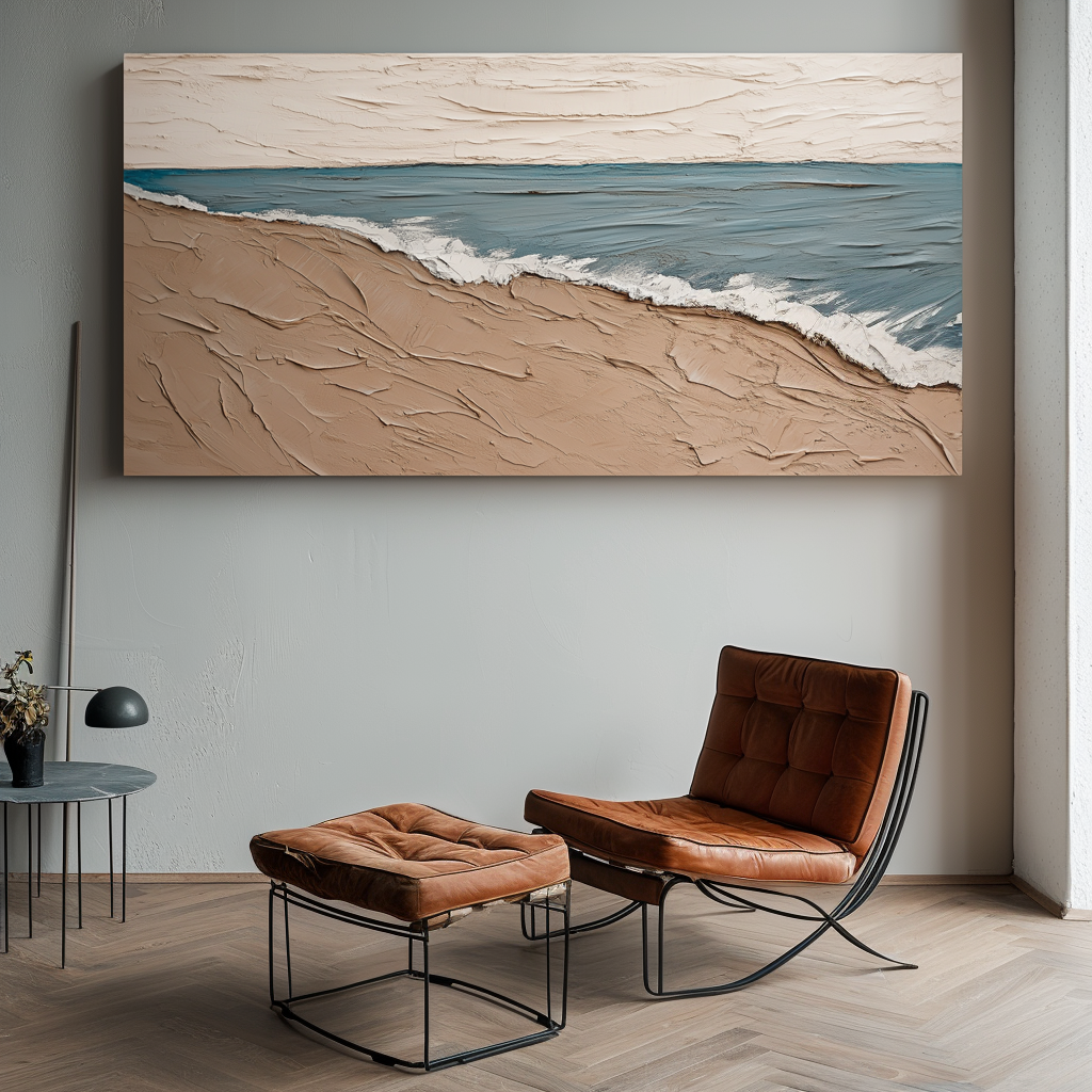 Abstract ocean painting with textured waves on sandy beach