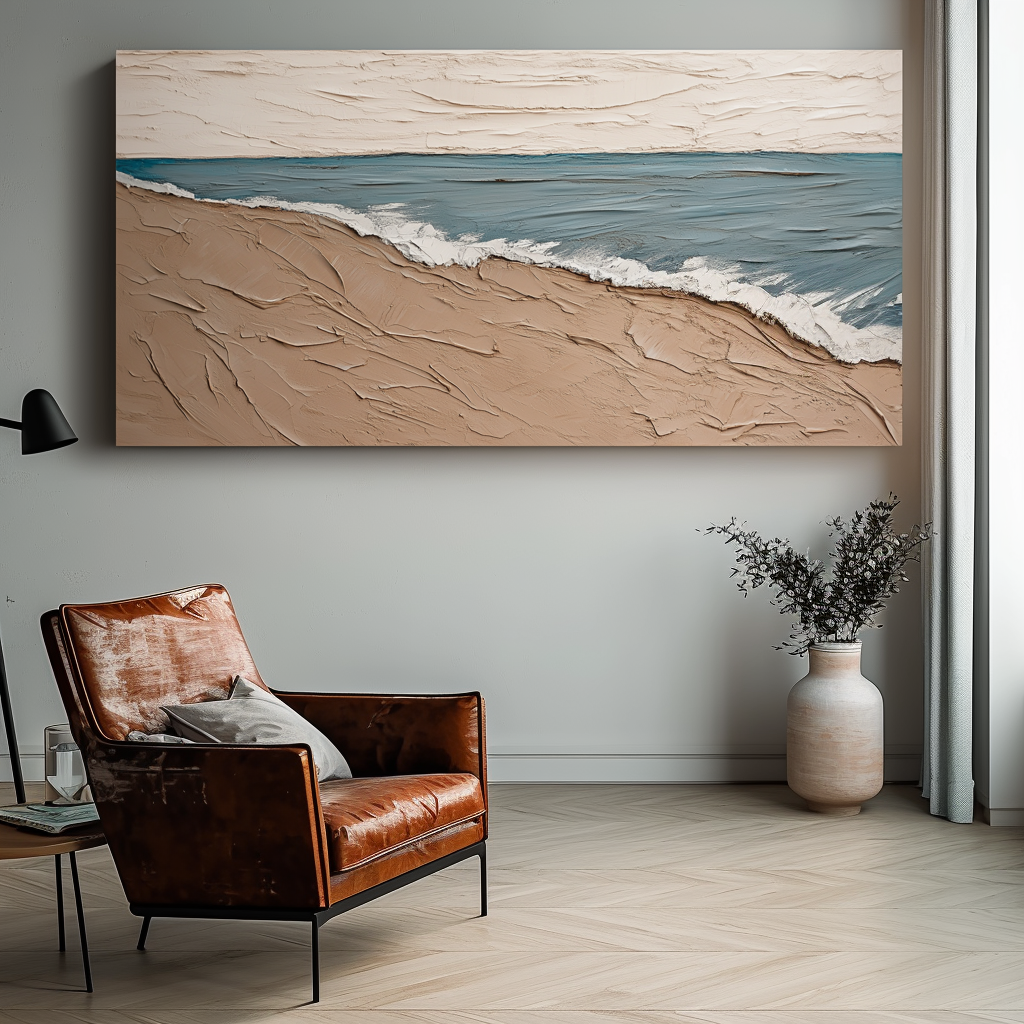 Abstract ocean painting with textured waves on sandy beach