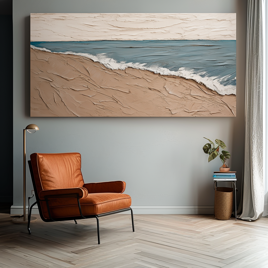 Abstract ocean painting with textured waves on sandy beach