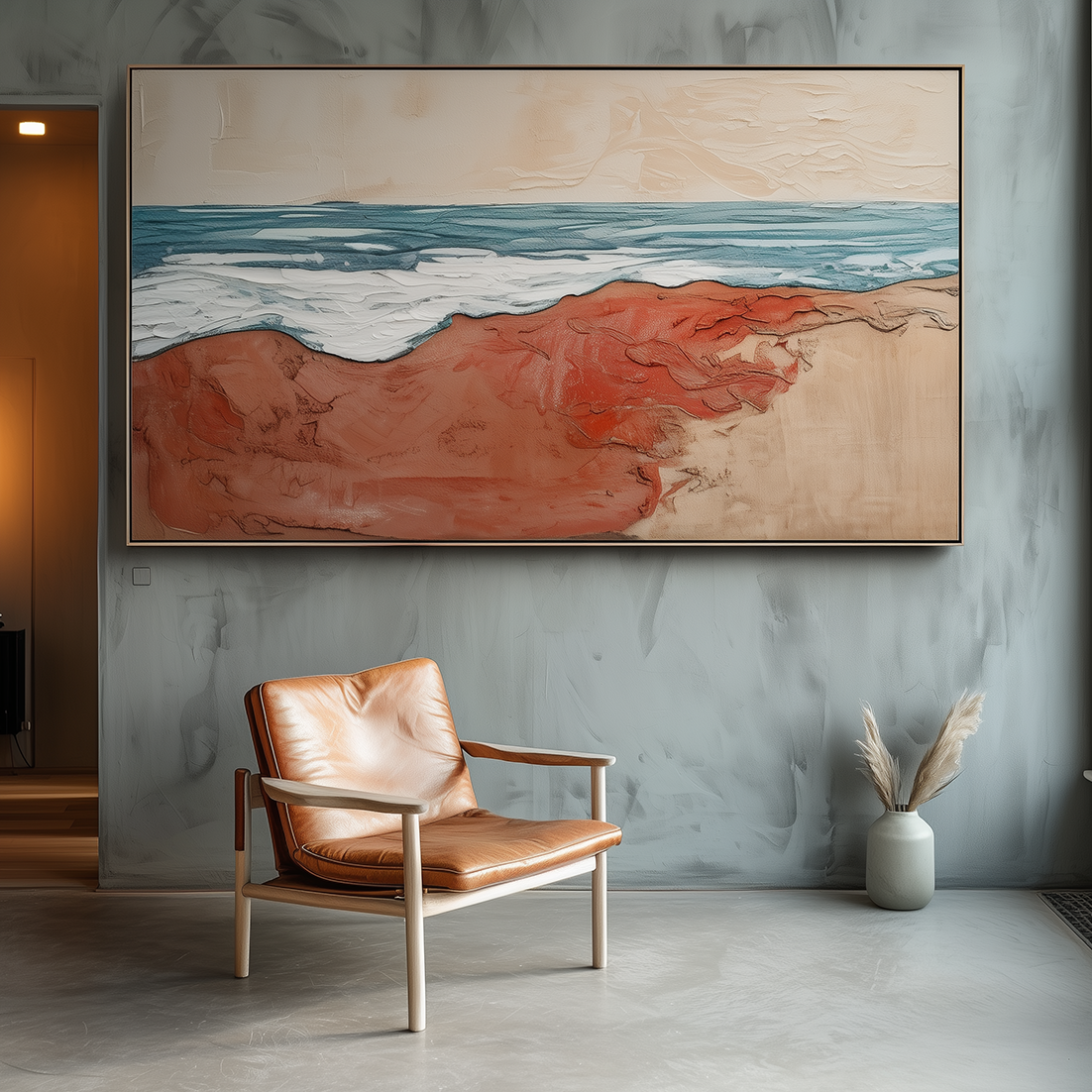 Red Sand Beach Painting with textured ocean waves on canvas