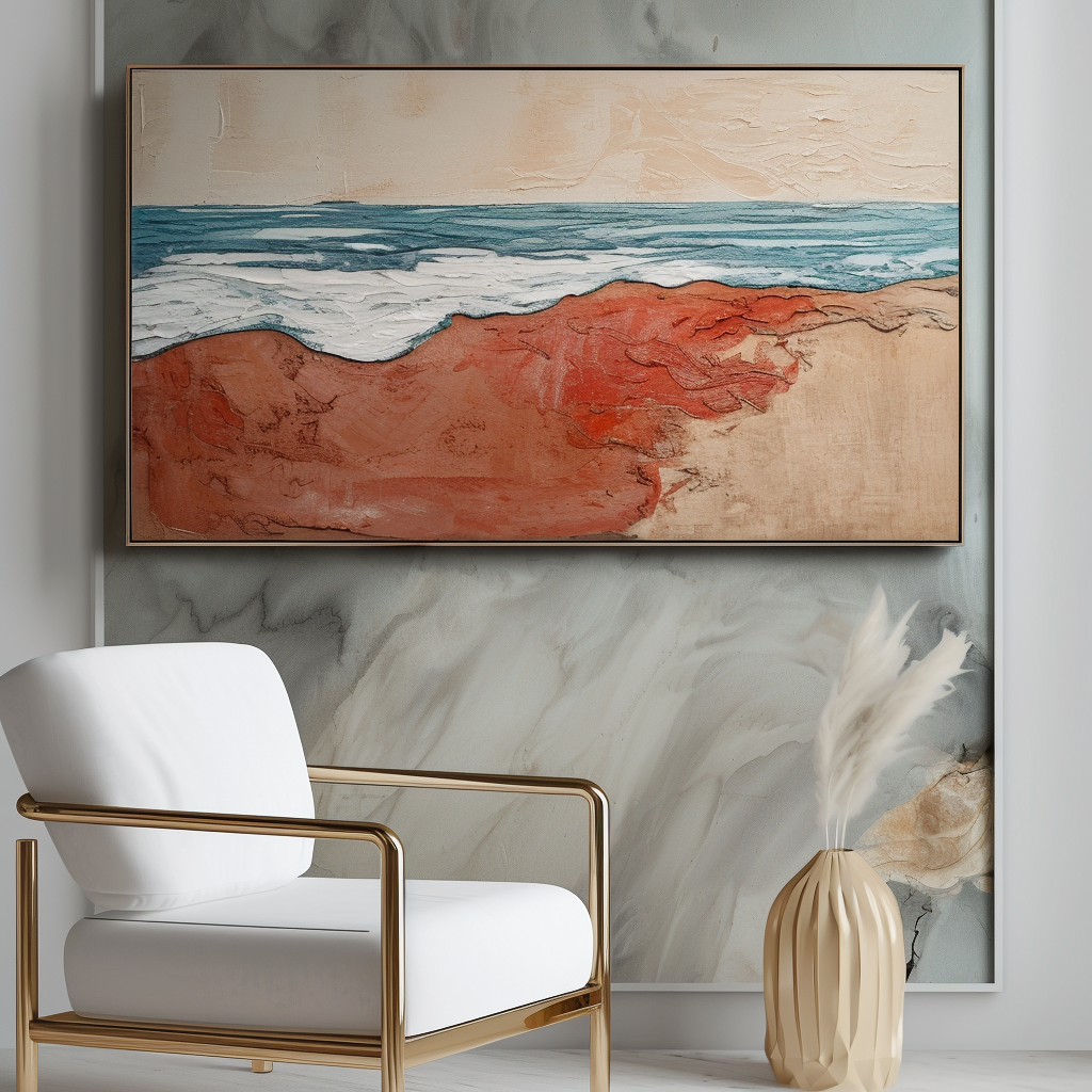 Red Sand Beach Painting with textured ocean waves on canvas