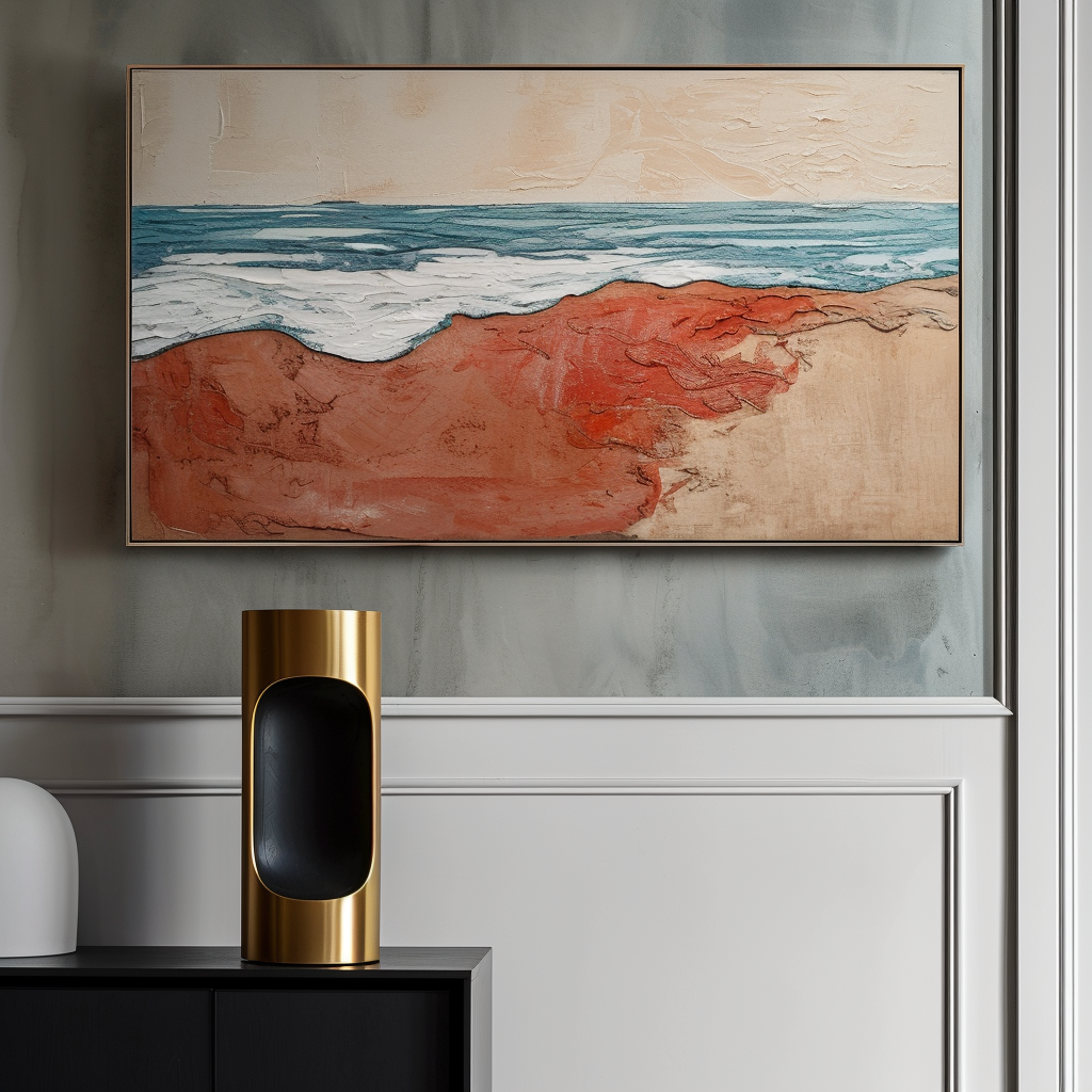 Red Sand Beach Painting with textured ocean waves on canvas