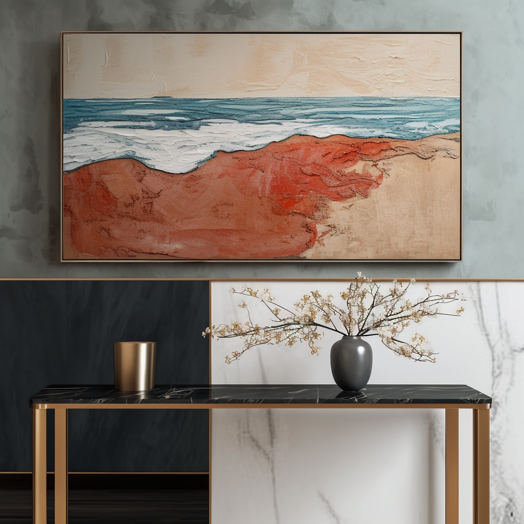 Red Sand Beach Painting with textured ocean waves on canvas