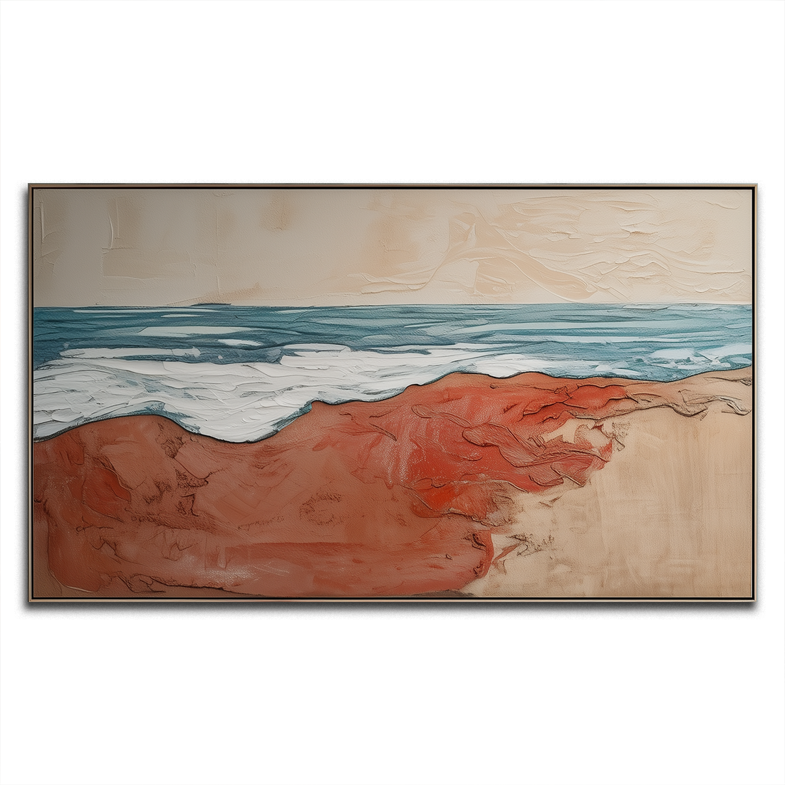 Red Sand Beach Painting with textured ocean waves on canvas