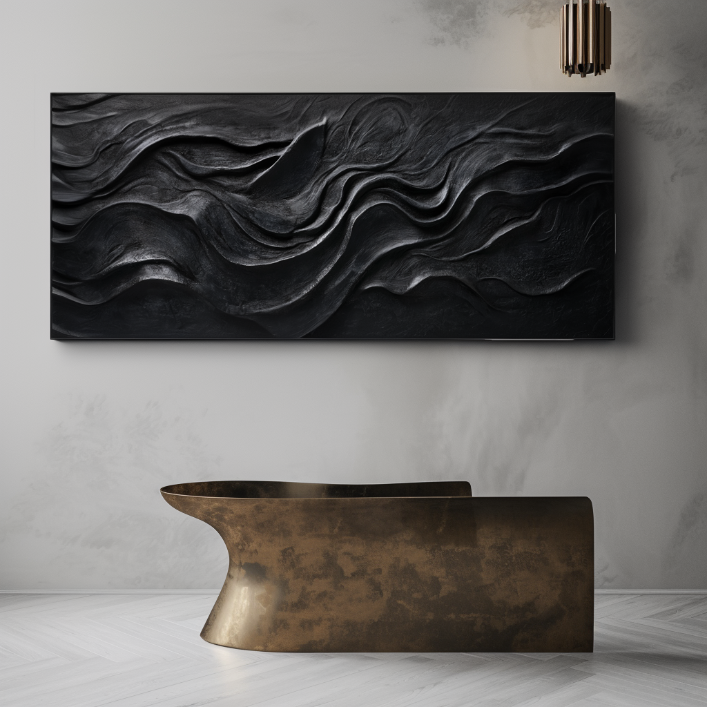 Black Abstract Wall Art with textured flowing patterns in modern minimalist style