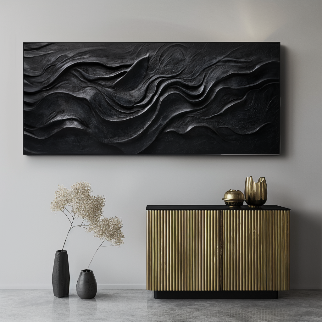 Black Abstract Wall Art with textured flowing patterns in modern minimalist style