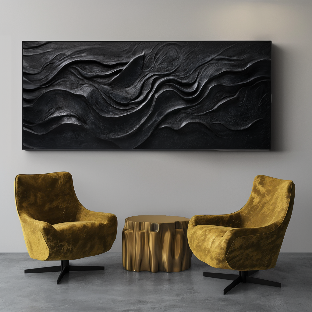 Black Abstract Wall Art with textured flowing patterns in modern minimalist style