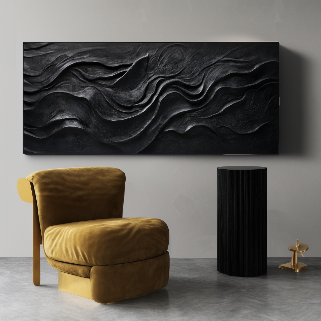 Black Abstract Wall Art with textured flowing patterns in modern minimalist style