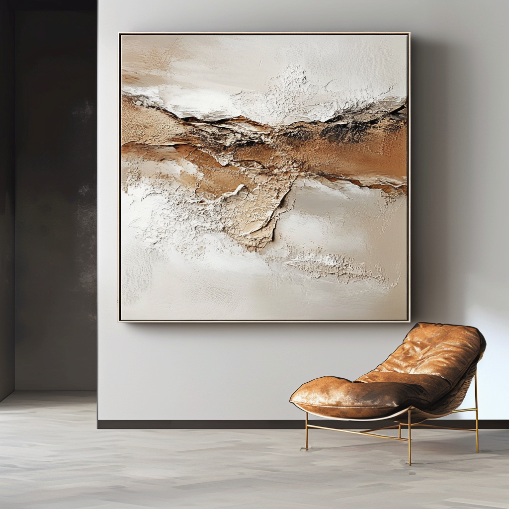 Minimalist abstract painting with earthy textures and soft beige, brown, and white tones.