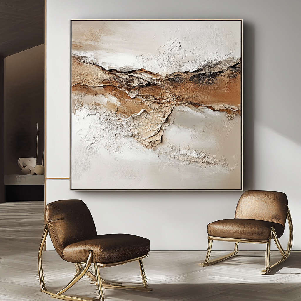 Minimalist abstract painting with earthy textures and soft beige, brown, and white tones.
