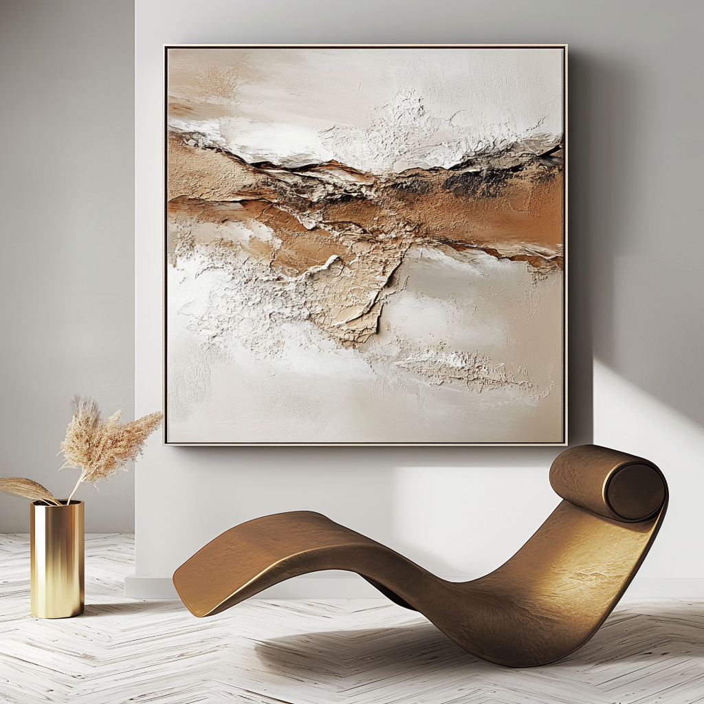 Minimalist abstract painting with earthy textures and soft beige, brown, and white tones.
