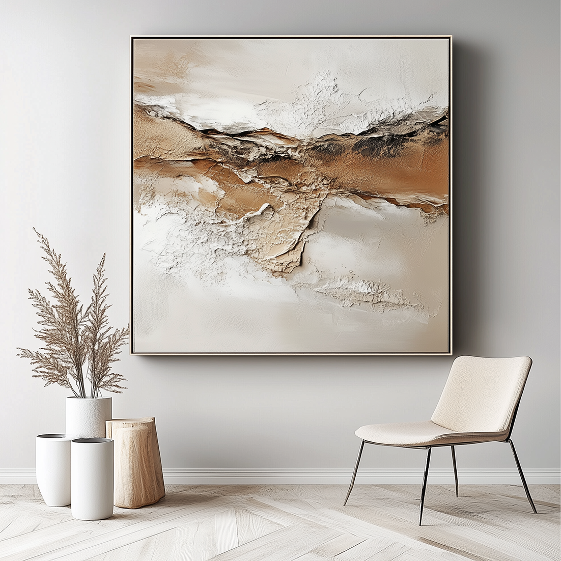 Minimalist abstract painting with earthy textures and soft beige, brown, and white tones.