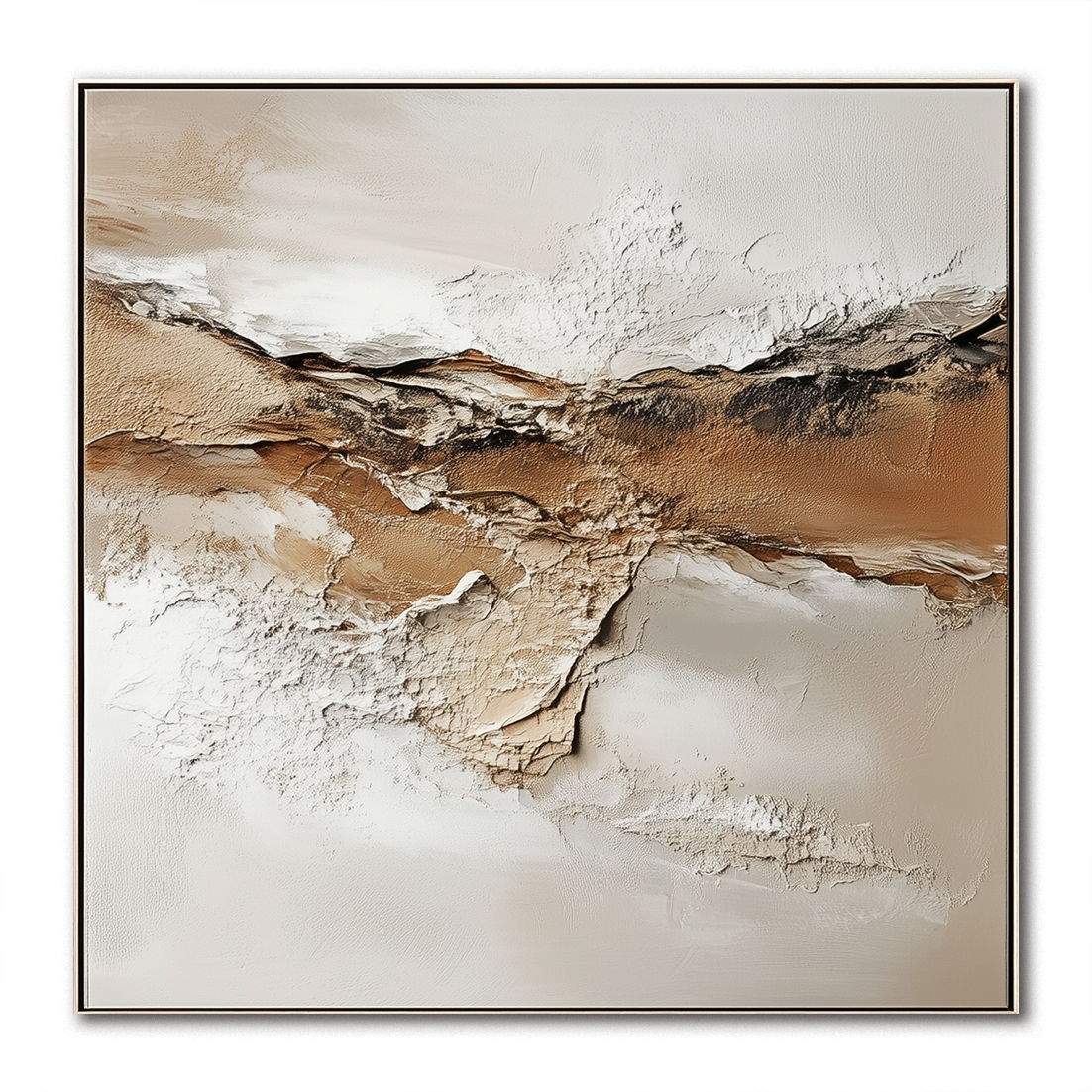 Minimalist abstract painting with earthy textures and soft beige, brown, and white tones.