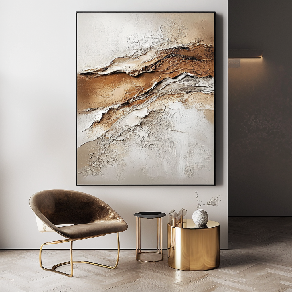 Textured abstract painting with earthy tones of beige, brown, and white.
