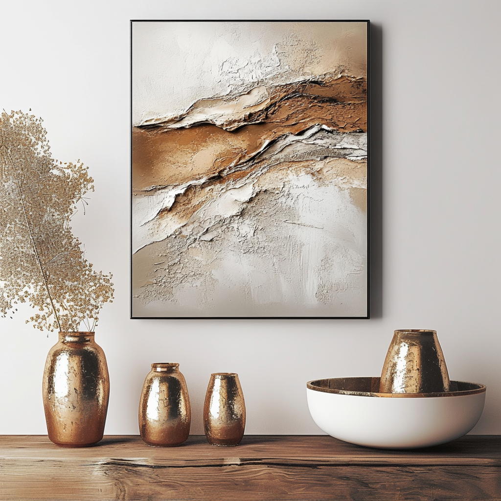Textured abstract painting with earthy tones of beige, brown, and white.